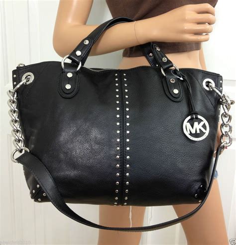 michael kors black leather handbag with silver hardware|michael kors satchel handbags black.